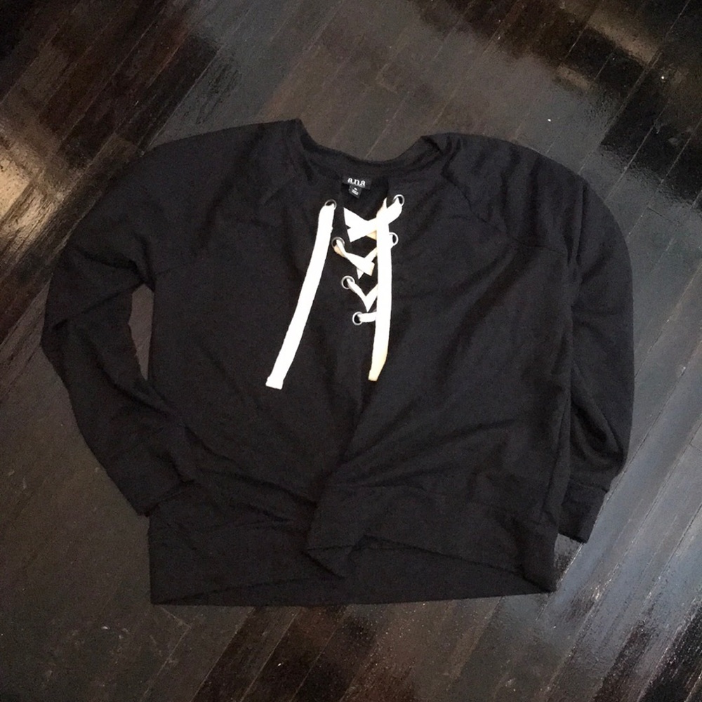 Black long sleeve sweatshirt, criss cross tie
